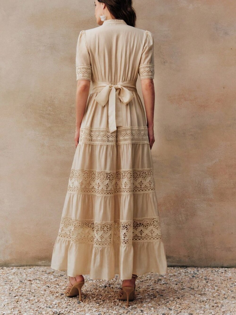 Apricot Boho Women's Elegant Lace Patchwork Dress - Picture 2 of 6